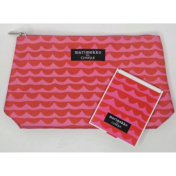 Marimekko For Clinique Orange / Pink Waves Cosmetic/Makeup Bag W/ Mirror Compact - Picture 1 of 9